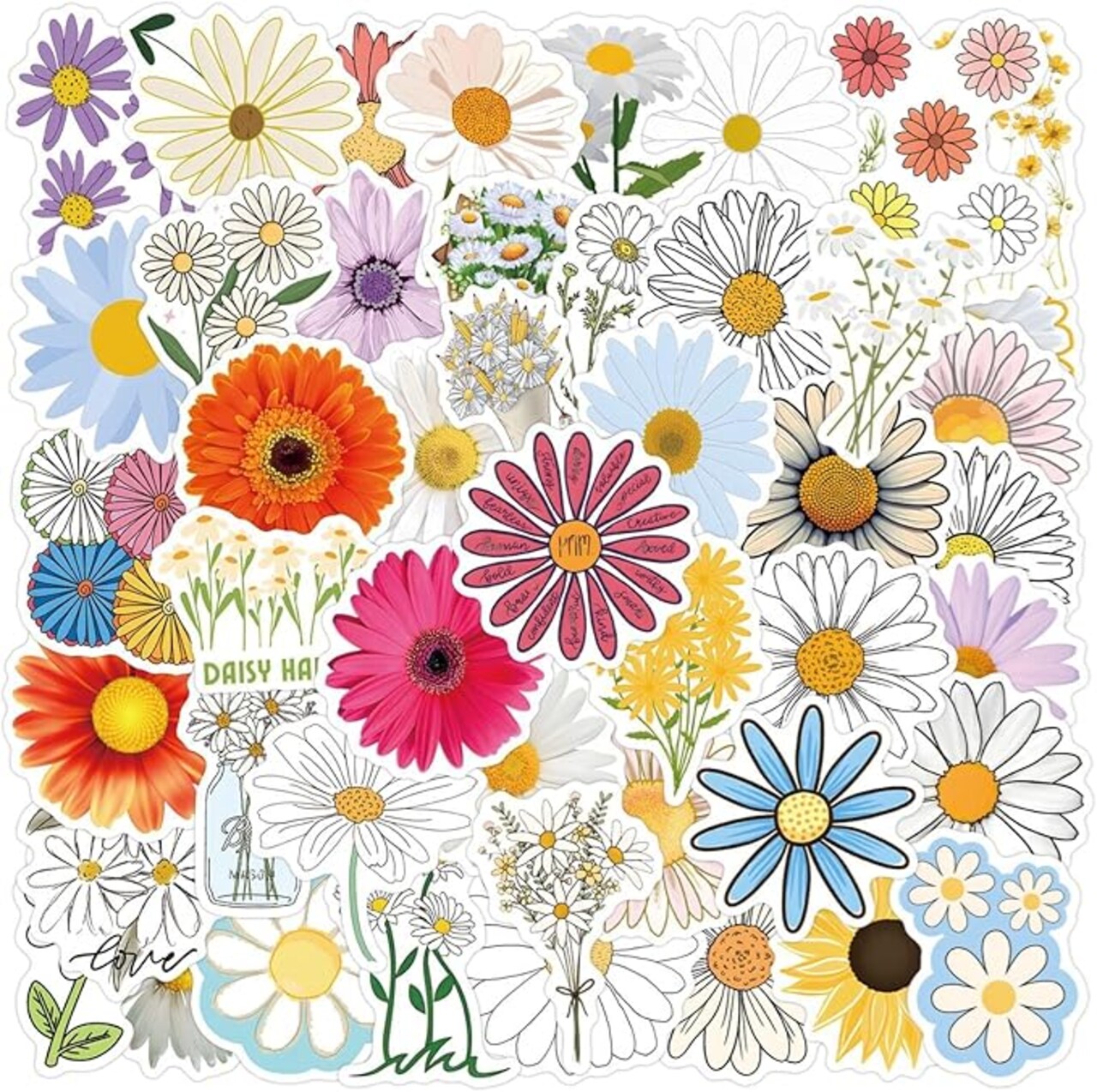 Cute Daisy Stickers 55PCS Beautiful Plants Waterproof Flower Stickers for Water Bottles Laptop Luggage Journaling, Party Rewards Waterproof Vinyl Decals for Kids Teens Adults (Colourful)